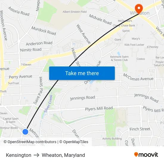 Kensington to Wheaton, Maryland map
