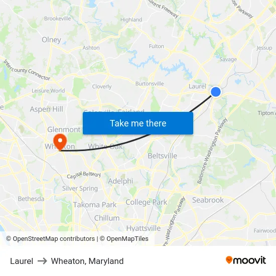 Laurel to Wheaton, Maryland map