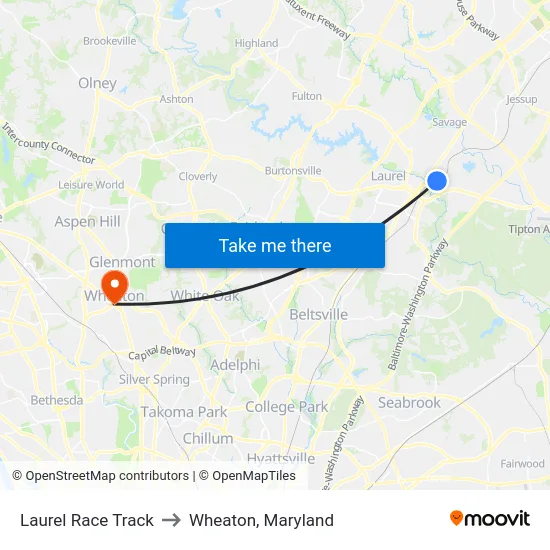 Laurel Race Track to Wheaton, Maryland map