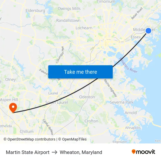 Martin State Airport to Wheaton, Maryland map