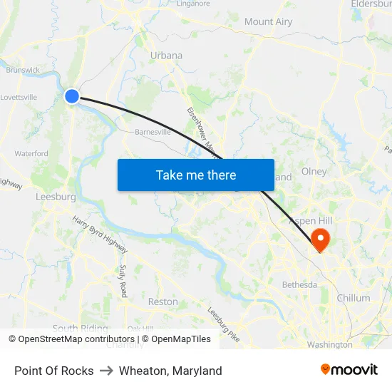 Point Of Rocks to Wheaton, Maryland map