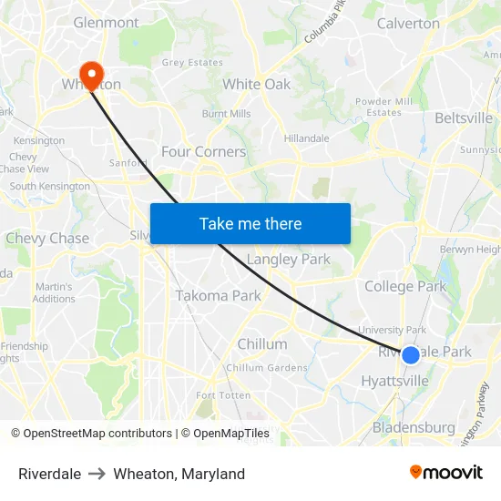 Riverdale to Wheaton, Maryland map