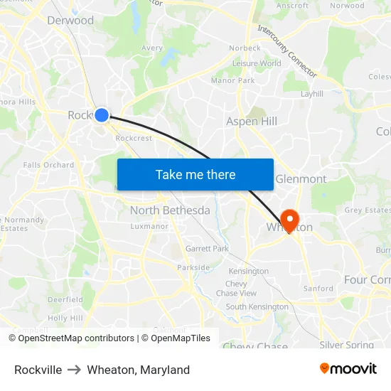 Rockville to Wheaton, Maryland map