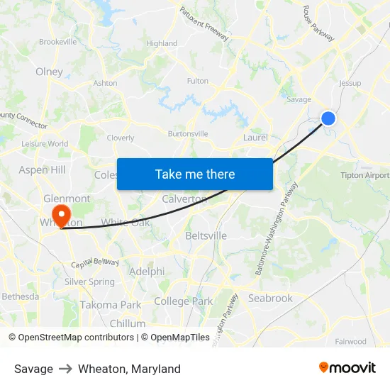 Savage to Wheaton, Maryland map