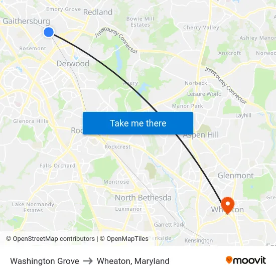 Washington Grove to Wheaton, Maryland map