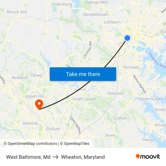 West Baltimore, Md to Wheaton, Maryland map