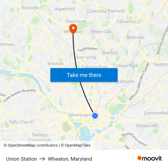 Union Station to Wheaton, Maryland map