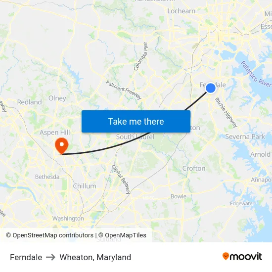 Ferndale to Wheaton, Maryland map