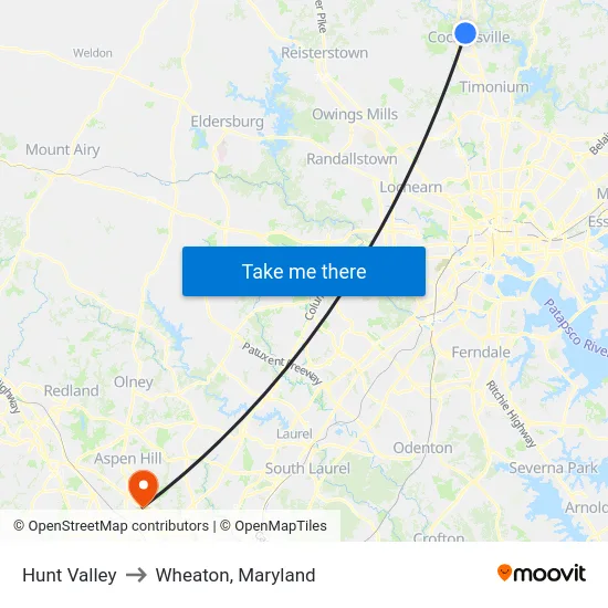 Hunt Valley to Wheaton, Maryland map
