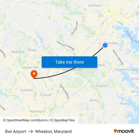 Bwi Airport to Wheaton, Maryland map