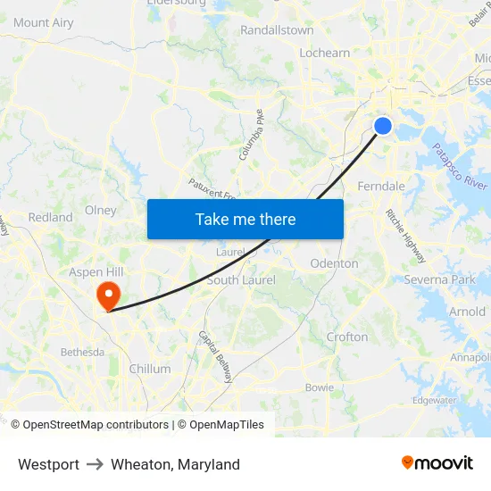 Westport to Wheaton, Maryland map