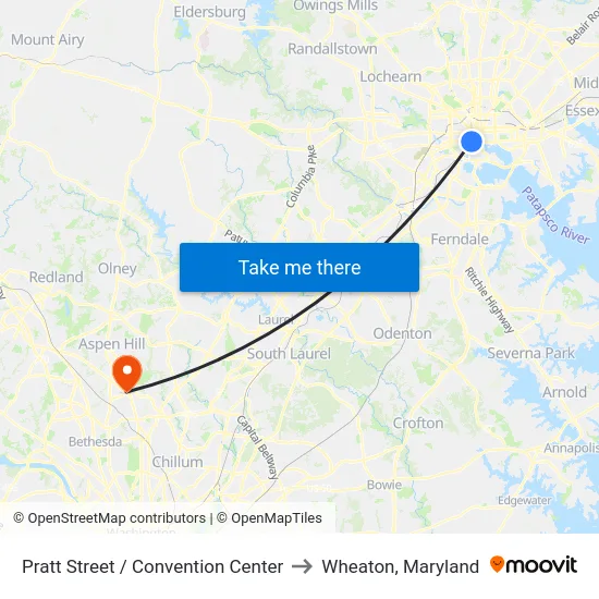 Pratt Street / Convention Center to Wheaton, Maryland map