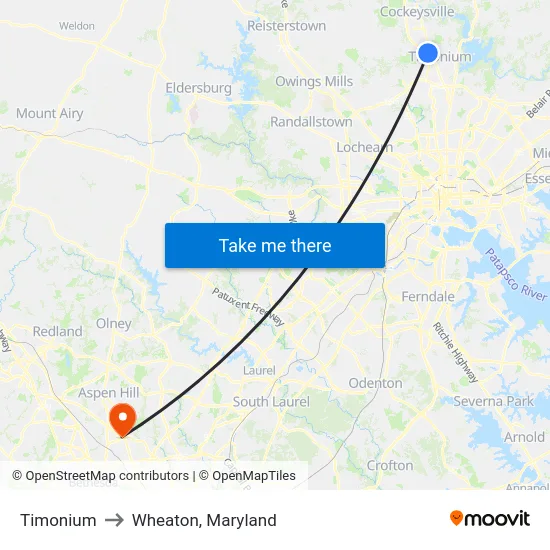 Timonium to Wheaton, Maryland map