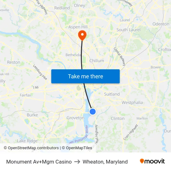 Monument Av+Mgm Casino to Wheaton, Maryland map