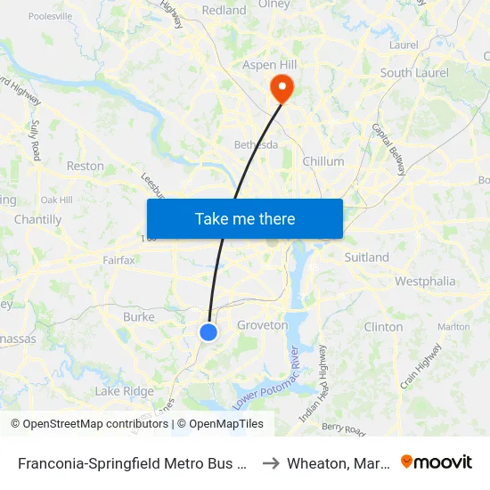 Franconia-Springfield Metro Bus Route 301 to Wheaton, Maryland map