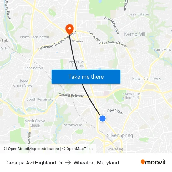 Georgia Av+Highland Dr to Wheaton, Maryland map