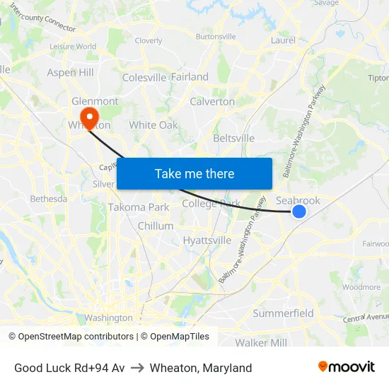 Good Luck Rd+94 Av to Wheaton, Maryland map