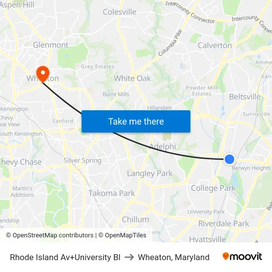 Rhode Island Av+University Bl to Wheaton, Maryland map