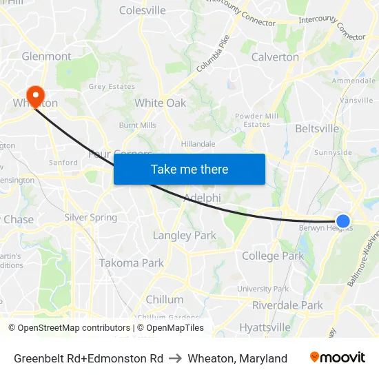 Greenbelt Rd+Edmonston Rd to Wheaton, Maryland map
