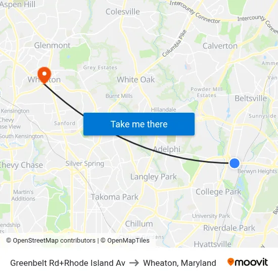 Greenbelt Rd+Rhode Island Av to Wheaton, Maryland map