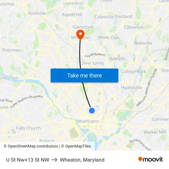 U St Nw+13 St NW to Wheaton, Maryland map