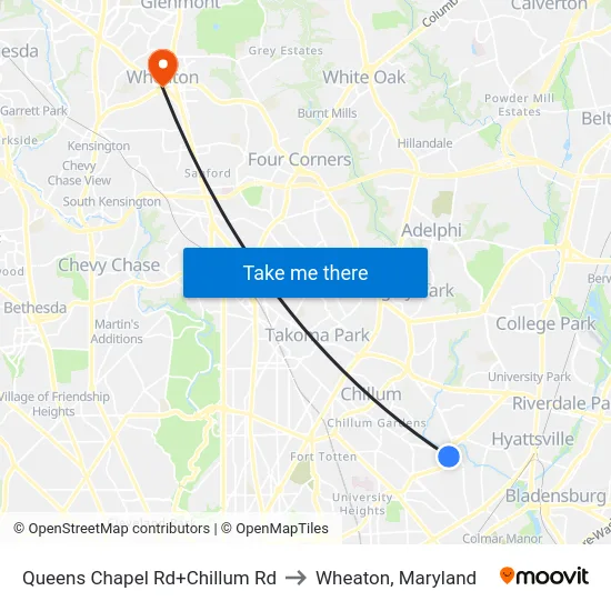 Queens Chapel Rd+Chillum Rd to Wheaton, Maryland map