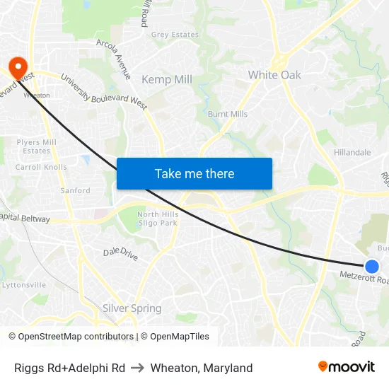 Riggs Rd+Adelphi Rd to Wheaton, Maryland map