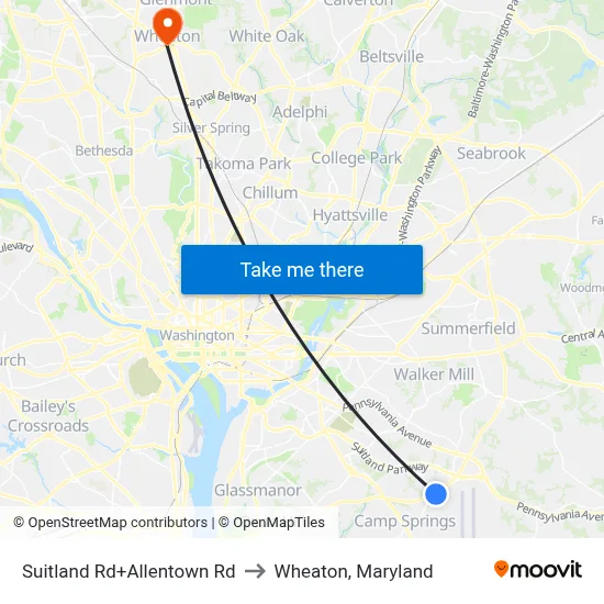 Suitland Rd+Allentown Rd to Wheaton, Maryland map