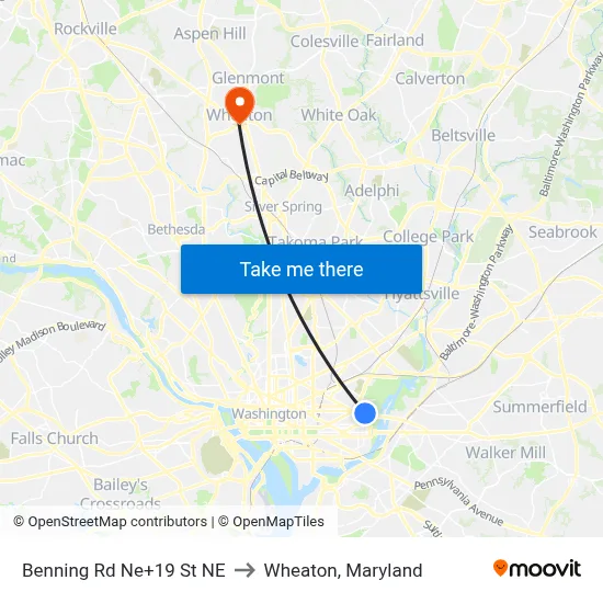 Benning Rd Ne+19 St NE to Wheaton, Maryland map