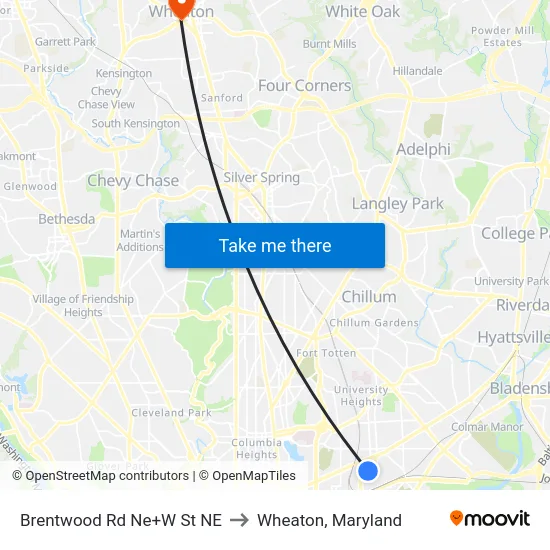 Brentwood Rd Ne+W St NE to Wheaton, Maryland map