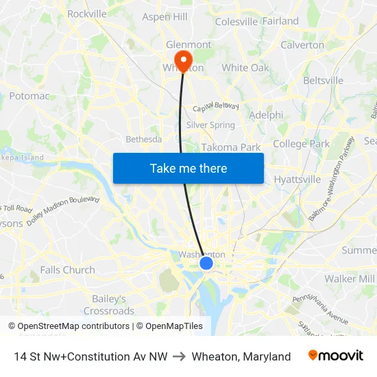 14 St Nw+Constitution Av NW to Wheaton, Maryland map