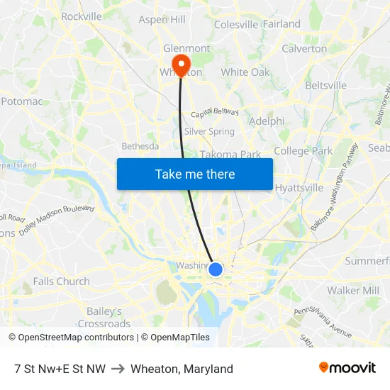 7 St Nw+E St NW to Wheaton, Maryland map