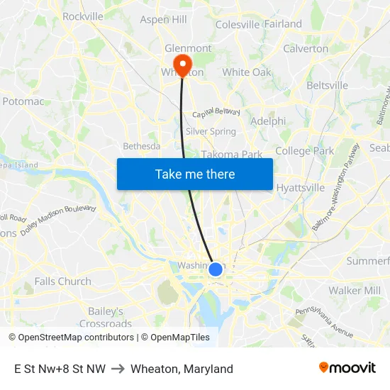 E St Nw+8 St NW to Wheaton, Maryland map