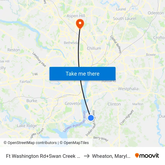 Ft Washington Rd+Swan Creek Rd E to Wheaton, Maryland map
