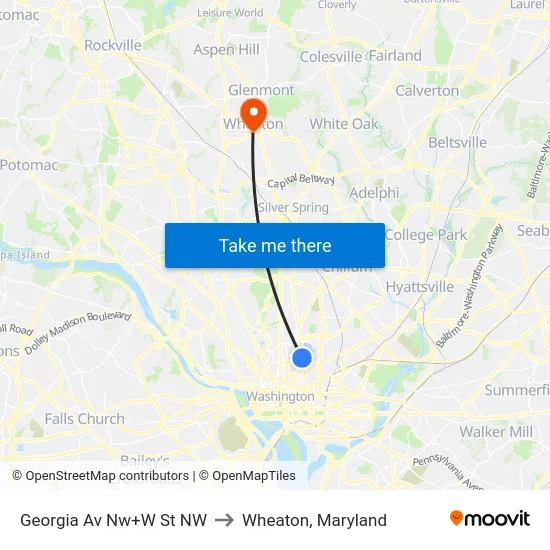 Georgia Av Nw+W St NW to Wheaton, Maryland map