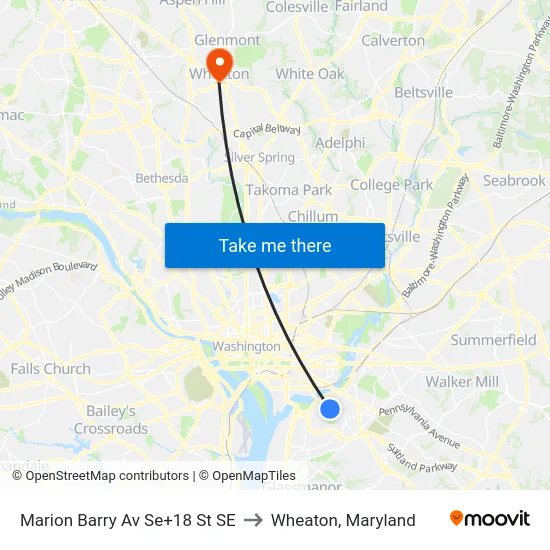 Marion Barry Av Se+18 St SE to Wheaton, Maryland map