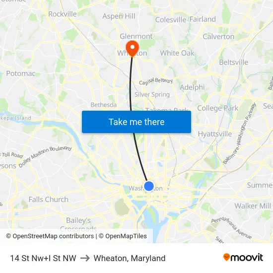 14 St Nw+I St NW to Wheaton, Maryland map