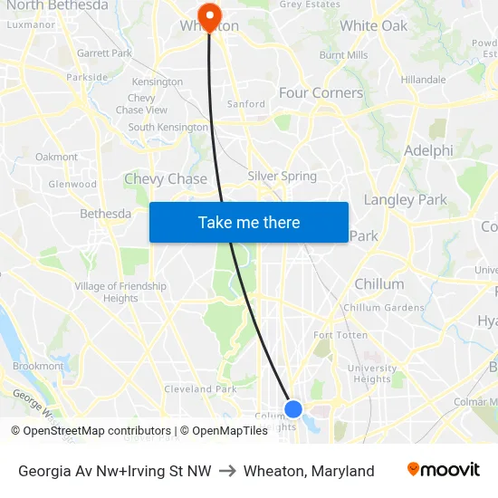 Georgia Av Nw+Irving St NW to Wheaton, Maryland map