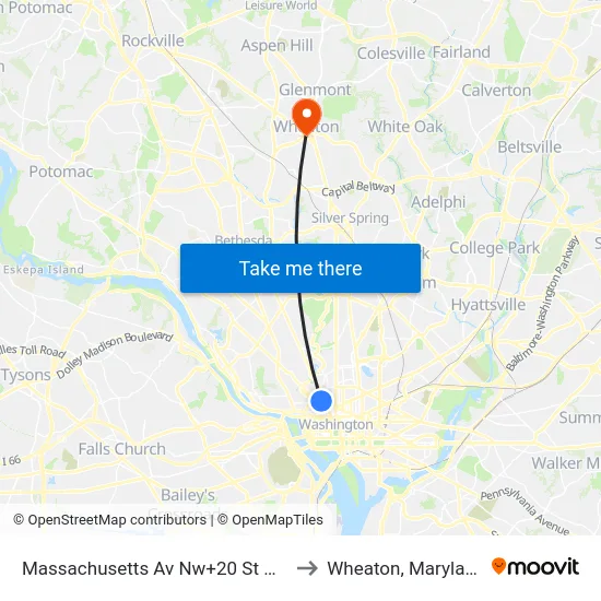 Massachusetts Av Nw+20 St NW to Wheaton, Maryland map