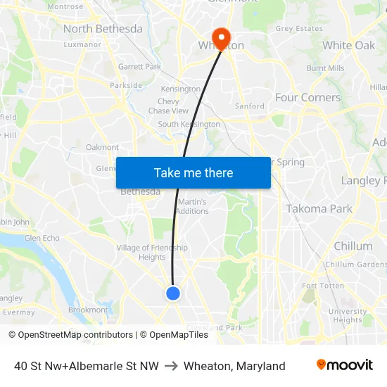 40 St Nw+Albemarle St NW to Wheaton, Maryland map