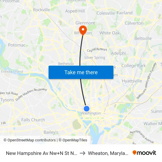 New Hampshire Av Nw+N St NW to Wheaton, Maryland map