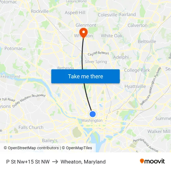 P St Nw+15 St NW to Wheaton, Maryland map