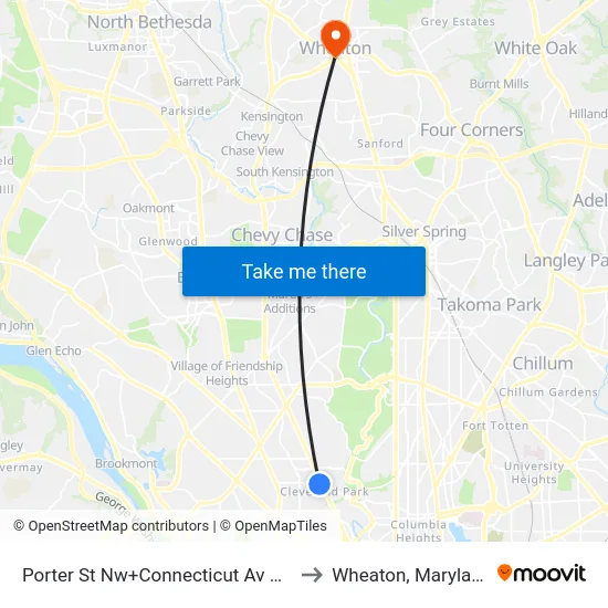 Porter St Nw+Connecticut Av NW to Wheaton, Maryland map
