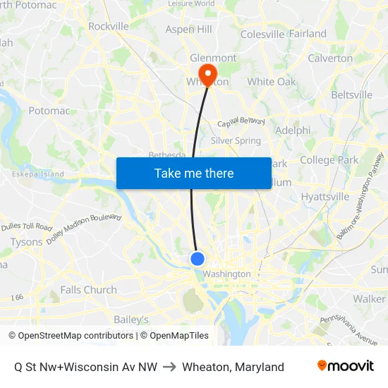 Q St Nw+Wisconsin Av NW to Wheaton, Maryland map