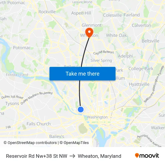 Reservoir Rd Nw+38 St NW to Wheaton, Maryland map