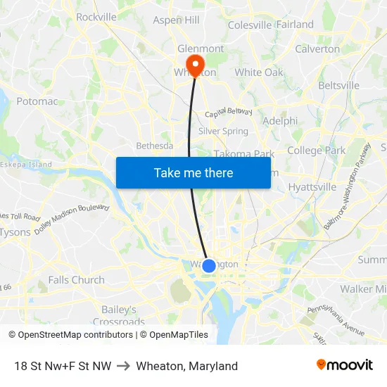 18 St Nw+F St NW to Wheaton, Maryland map