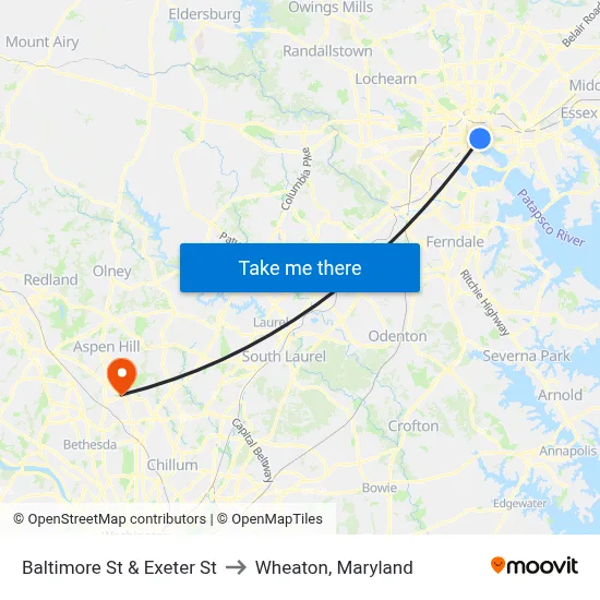 Baltimore St & Exeter St to Wheaton, Maryland map