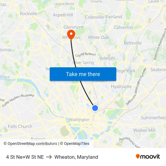 4 St Ne+W St NE to Wheaton, Maryland map