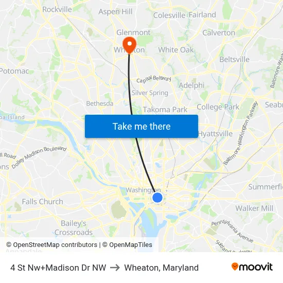 4 St Nw+Madison Dr NW to Wheaton, Maryland map