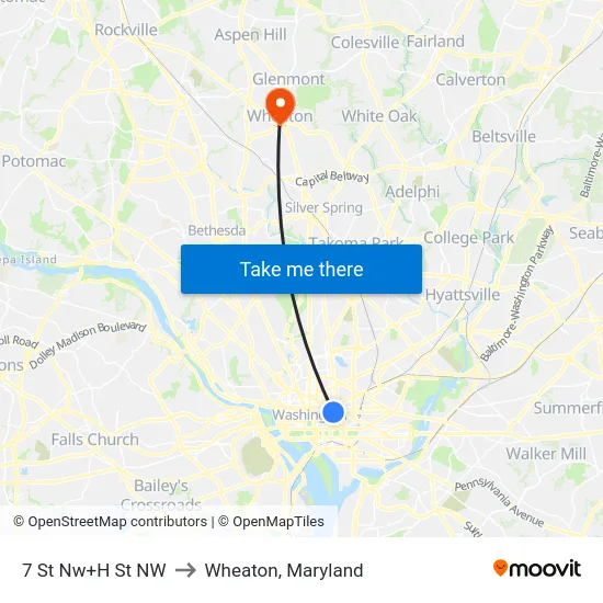 7 St Nw+H St NW to Wheaton, Maryland map